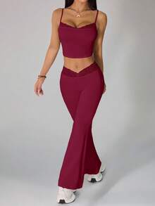 SHEIN PETITE 夏季黑色蕾丝拼接吊带裤+喇叭裤女士修身两件套 - 酒紅色 - 查看 4