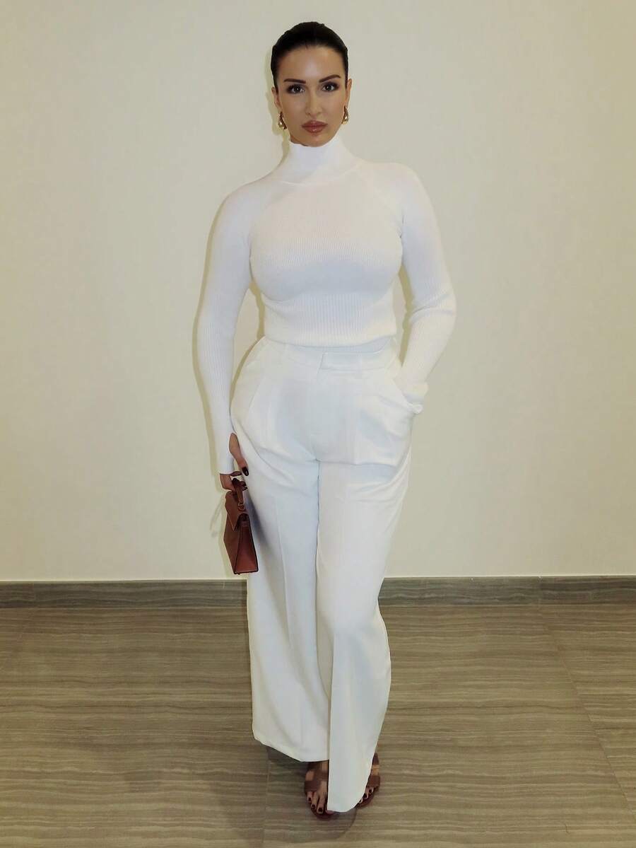 MDEdit Áo len dệt kim chui đầu ngoài trời thanh lịch Y2K, thích hợp để đi làm, đi nghỉ và mặc hàng ngày Áo len cổ lọ màu trắng có gân Áo len cổ lọ màu trắng cho nữ Áo len cổ lọ màu trắng Thu Đông - trắng - Xem 1