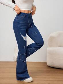 SHEIN PETITE Summer And Spring Women's Valentine Day Casual Denim Heart Appliques Embroidery Design Washed Distressed Flare Legs Jeans - Medium Wash - View 6