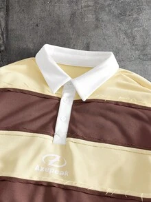 AXEPEAK Áo polo dài tay nam phong cách thường ngày, họa tiết chữ và sọc tương phản, viền tua rua, thích hợp cho mùa Xuân/Thu. - Nhiều màu - Xem 3