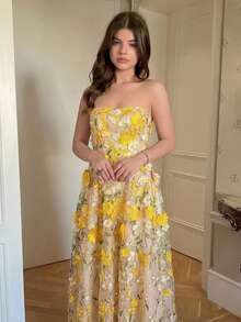 Selianne 最新春夏浪漫优雅紫色花卉刺绣网纱收腰女式连衣裙 - 黃色 - 查看 3