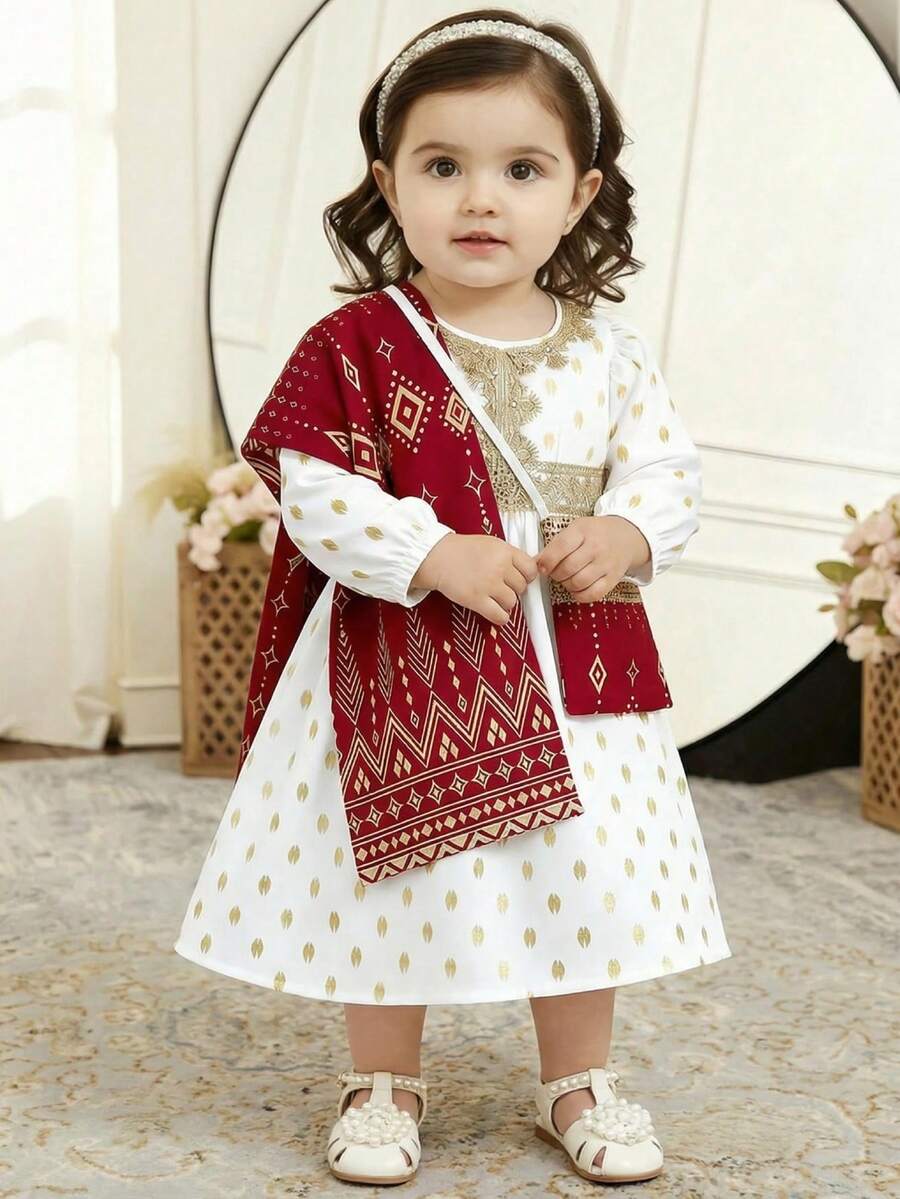 SHEIN 一件白色女童连衣裙，饰有金色波点，领口和腰部点缀荷叶边，搭配红色底金色几何图案围巾和同色系迷你斜挎包，展现异域风情和活力，时尚、优雅、百搭、复古、喜庆，适合夏季穿着。 - 白色 - 查看 1