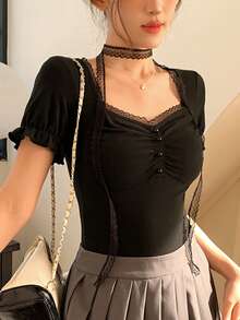 FRIFUL Women's Solid Color Contrast Lace Sweetheart Neck Short Sleeve Fitted Elegant T-Shirt Summer - Black - View 10