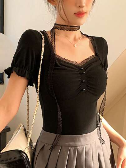 FRIFUL 女士纯色撞色蕾丝心形领短袖修身优雅T恤