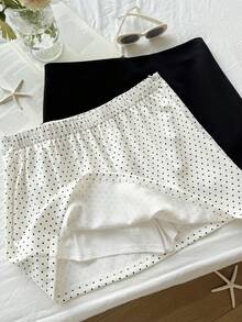 Comfortcana 2pcs Plus Size Women Casual Solid Color & Polka Dot Print A-Line Skirt Set, Solid Color Skirt + Polka Dot Skirt With Leggings Two Piece Skirt Matching Set Skirt Black And White Skirt - Black and White - View 4