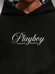 PLAYBOY X SUMWON Crop Fit Men's Pullover Hoodie With Logo Print Long Sleeve Casual Streetwear Sweatshirt Winter Fall Urban Style - Black - View 6