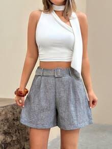 EURMUSE Fake Linen Short With Own Belt Detail - Dark Grey - View 1