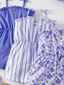 SHEIN Elladie kids Combinaison décontractée pour jeune fille avec motifs floraux, rayures et couleurs unies - Bleu azur - Voir 7