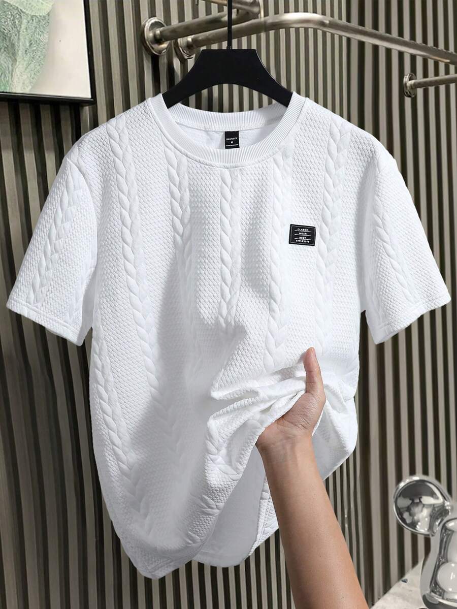 EGENSIO Men's Casual Summer Vacation & Commute Letter Textured Fabric Short Sleeve White T-Shirt - White - View 1