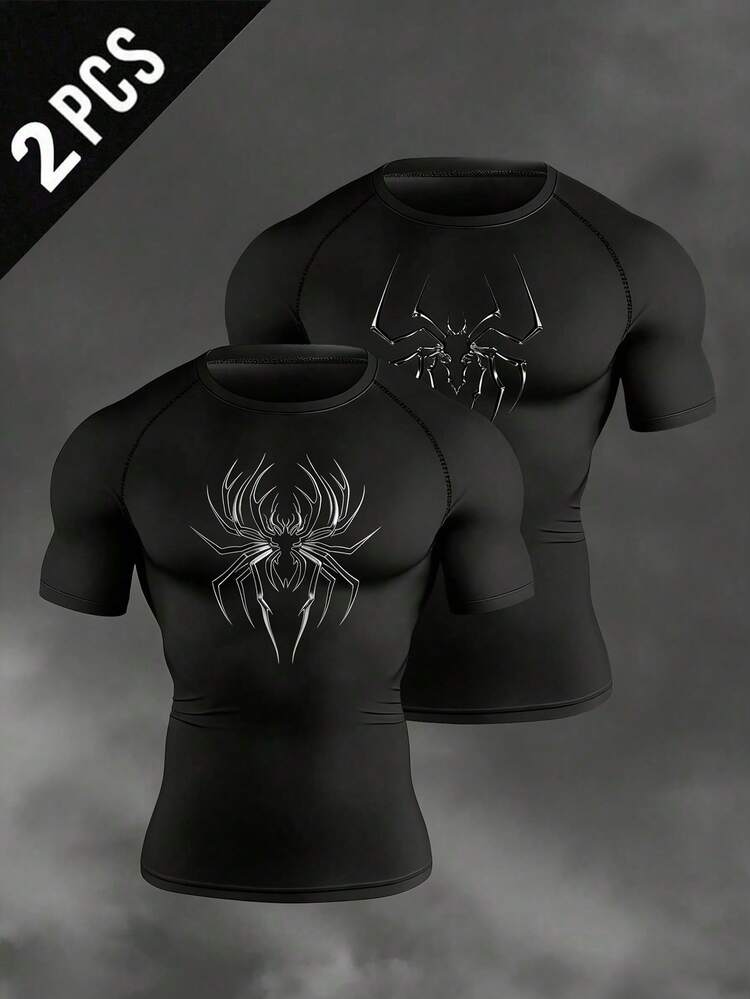 Manfinity EMRG Camiseta deportiva de compresión de manga corta, ajustada, de cuello redondo, con estampado de araña, para hombres - Negro - Añade 1