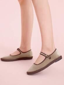 CUCCOO DOLLMOD Women's Burgundy Velvet Classic Comfortable Mary Jane Flat Shoes, Elegant & Fashionable Spring Shoes - Khaki/Brown - View 3