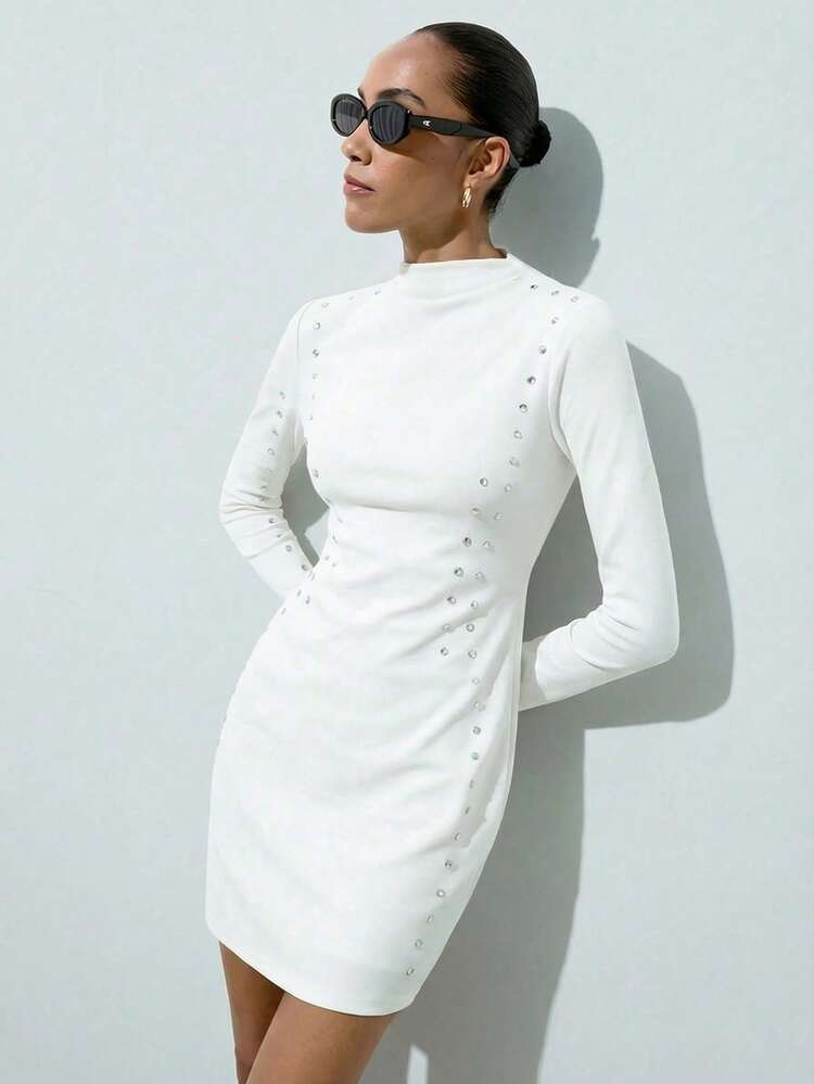 SHEIN Maija Women's White High Neck Fitted Waist Knit Dress, Long Sleeve, Beaded Design, Urban Chic Business Casual Elegant Versatile Dress For Daily Wear, Party, Cocktail, Summer Date