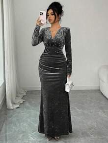 Elenzga Women's Elegant Romantic Delicate Party Dress, Velvet, Pearl Decor V-Neck, Long Sleeve, Bodycon Mermaid Maxi Dress, Suitable For New Year - Grey - View 7