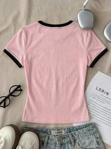 少女休闲简约修身圆领短袖高腰露脐常规T恤，适合夏季穿着 - 彩色 - 查看 2