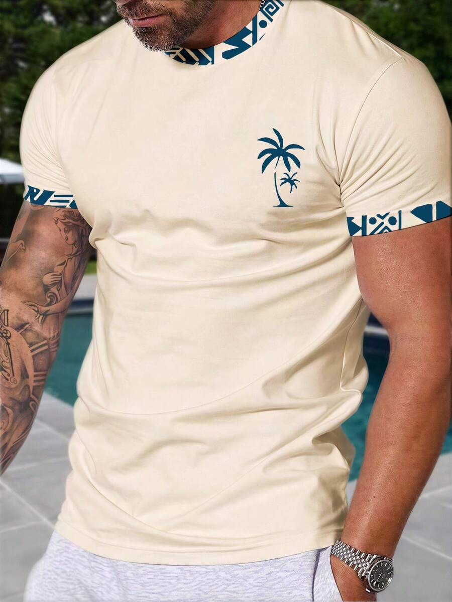 Manfinity RSRT Men's Casual Palm Tree Print Round Neck Short Sleeve T-Shirt Beige Graphic Tee Men - Multicolor - View 1