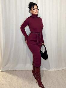 Dayanna Comas Women's Elegant Turtleneck Fitted Ribbed Texture Bowknot Sweater Dress - Red - View 4