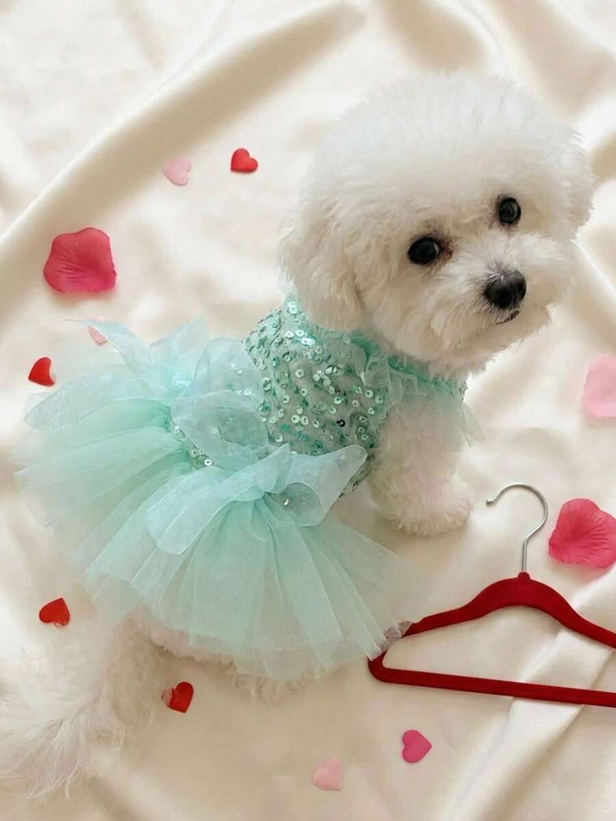 PETSIN 1pc Pet Universal Valentine's Day Sequin Mesh Princess Dress Dog Apparel - Light green - View 1