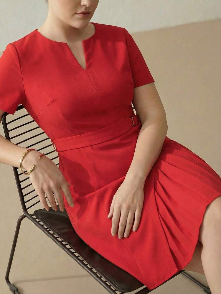 PLUS SIZE PLEATED PATCHWORK SHORT SLEEVE DRESS, SPRING/SUMMER