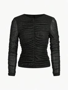 MOTF PREMIUM FASHIONABLE SHINY GATHERED RUCHED DETAIL STRETCHY KNIT LONG SLEEVE T-SHIRT, AUTUMN/WINTER - Black - View 1