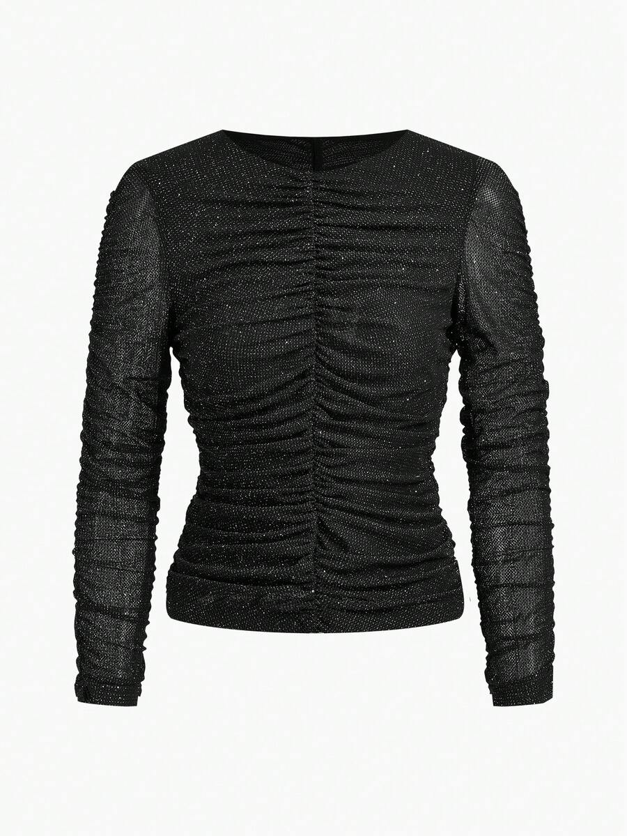 MOTF PREMIUM FASHIONABLE SHINY GATHERED RUCHED DETAIL STRETCHY KNIT LONG SLEEVE T-SHIRT, AUTUMN/WINTER - Black - View 1