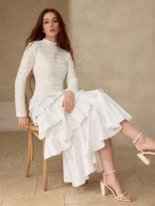 MOTF PREMIUM WOMEN'S RUFFLE LAYERED HEM MIDI DRESS, AUTUMN/WINTER - White - View 6