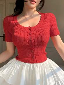 DAZY Women's Round Neck Single-Breasted Short Sleeve Fitted Fashionable Knit Cardigan - Red - View 6