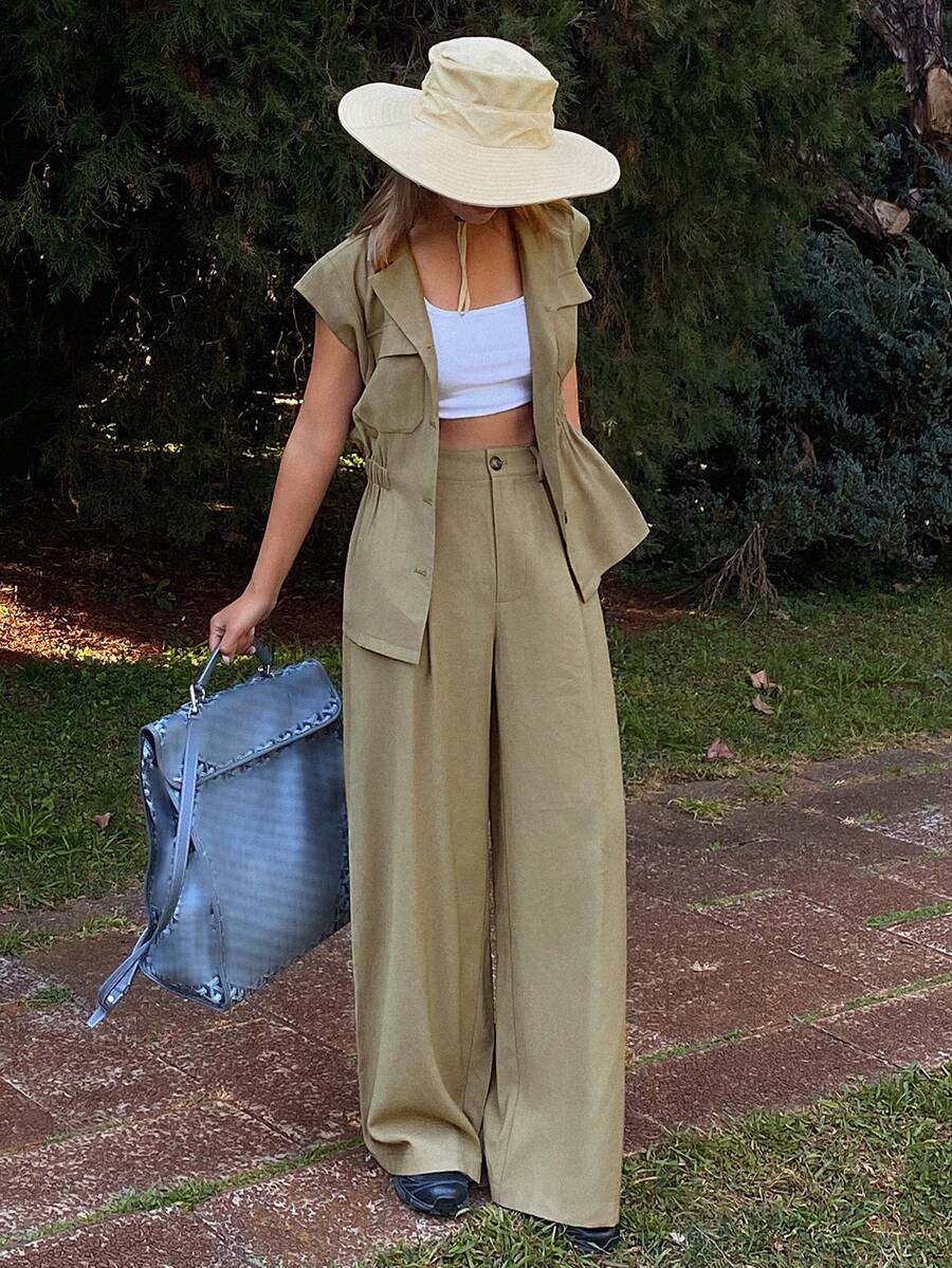 Livesso Women's Collared Sleeveless Waist Cinched Outdoor Top And Casual Pants 2 Pieces Set - Khaki - View 1