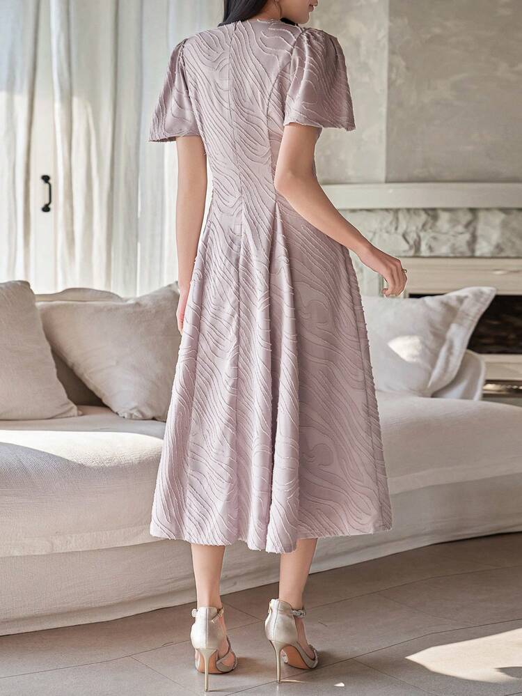 Women's Elegant Solid Color Textured V-Neck Puff Sleeve Dress, Summer Wedding Guest Dress Sundress