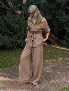 Livesso 2pcs Women Casual Collared Tie-Waist Top And Pants Set - Khaki - View 5