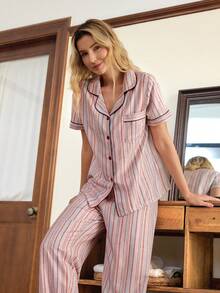SHEIN Doze Lane Striped Collar Short Sleeve Pajama Set - Pink - View 1
