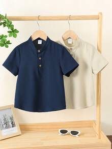 SHEIN 2件装男童休闲学院风立领半扣短袖衬衫，适合外出、日常穿着、上学，亚麻面料，春夏款