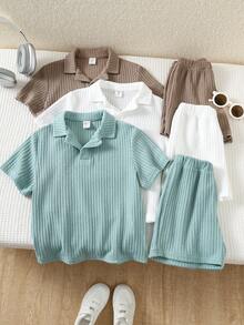 SHEIN 6pcs/Set Young Boys' Casual School Style Comfortable & Fashionable Textured Fabric Short Sleeve Shirt And Shorts Set, Versatile For Daily Wear, Sports, Outings, School, Parties, Holidays, Photoshoots, Suitable For Spring/Summer - Multicolor - View 3