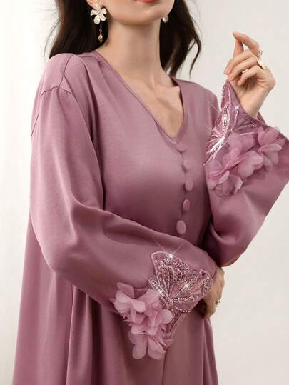 Al Najma 女士春夏粉色梭织真丝醋酸纤维缎面纽扣前开襟长袖蝴蝶花卉优雅阿拉伯连衣裙