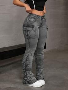Jeanoix Quần jeans cargo cạp thấp dáng ôm, nhún bèo, cỡ lớn, kiểu dáng thường ngày, đã qua xử lý giặt, có lớp lót. - Xám - Xem 2