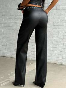 Jeanoix Y2K Women Coated Eyelet Lace-Up Front Straight Leg Loose Pants - Black - View 2