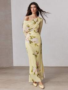 ZEYLAH Printed Fitted Bodycon Asymmetric Shoulder Dress, Spring - Yellow - View 1