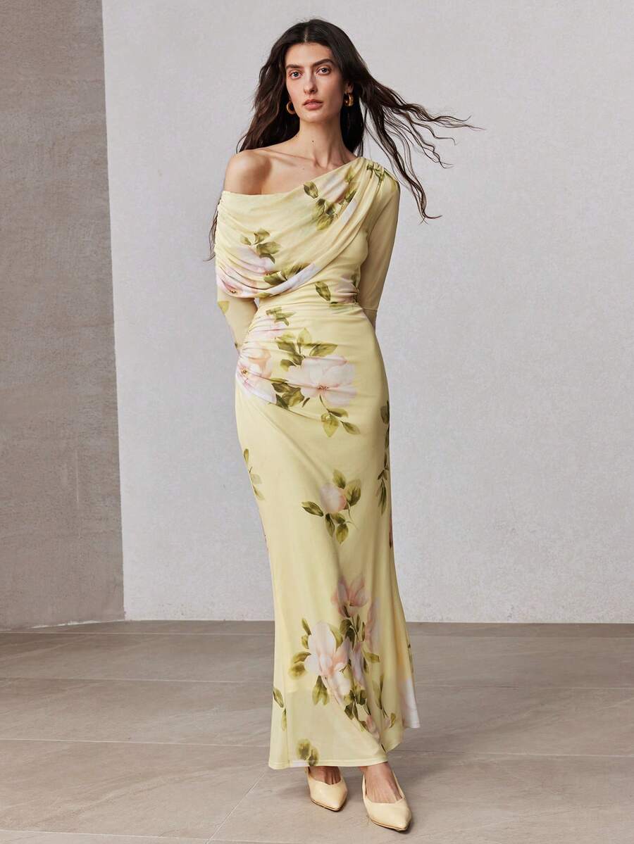 ZEYLAH Printed Fitted Bodycon Asymmetric Shoulder Dress, Spring - Yellow - View 1