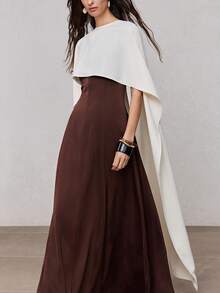 ZEYLAH Contrast Color Long Fitted Shawl Collar Dress, Spring - Mocha Brown - View 5