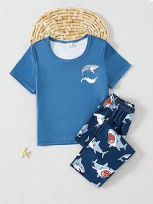2pcs Young BoyCasual Blue Top And Shark Print Soft Comfortable Pajama Set - Multicolor - View 3