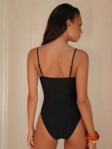 Swim Chiccia 女士夏季沙滩针织提花褶皱面料吊带连体泳衣，饰有花卉图案，休闲优雅 - 黑色 - 查看 4