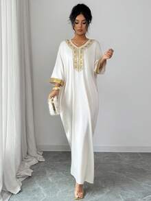 Women's Elegant V-Neck Gold Floral Lace Trim Loose Long Robe Robe, Spring - Apricot - View 5