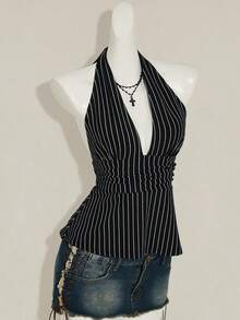 SHEIN ICON Halter Deep V-Neck Cinched Waist A-Line Backless Striped Tank Top - Dark Green - View 7