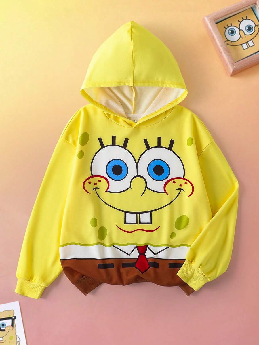 SpongeBob SquarePants | SHEIN Tween Boy Casual Everyday Commute Funny Cute Cartoon Graphic Dropped Shoulder Loose Sweatshirt, Spring/Autumn - Yellow - View 1