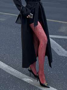 DAZY 女士时尚性感纯色蕾丝弹力连裤袜 - 酒紅色 - 查看 4