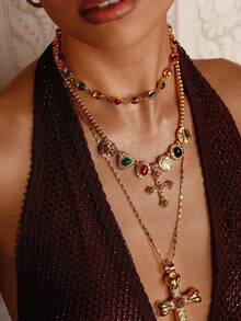 Glisma 18K镀金单件式纹理金属水钻立方氧化锆十字串珠Y2K项链，适合派对、休闲、音乐会/节日、夜店、婚礼、假日、度假、露营等场合。 - 金色 - 查看 4