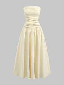 SHEIN Tween Girls Dresses - Strapless Pale Yellow Summer Casual Apricot Long Dress Maxi Dress Summer Yellow Dress Strapless Dress Wedding Guest Dress Ruched Dress Bridesmaid Dress Lemon Dress - Yellow - View 3