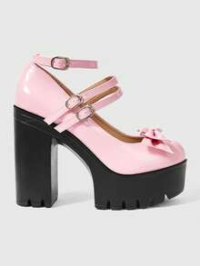 ROMWE Kawaii Giày cao gót đế dày kiểu Gothic dành cho nữ, giày Mary Jane cao gót hai tông màu phong cách Punk mùa xuân/thu, khóa kim loại hai dây đính đinh tán, thích hợp cho tiệc tùng hoặc đi học. - Hồng - Xem 4