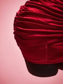 SHEIN ICON Plus-Size Women's Retro Sexy Fashion Bold Millennial Style Y2K Party Dress, Perfect For Parties, Banquets, And Valentine's Day. Elegant And Gorgeous Red Satin Mini Dress With Cross-Pleats At The Chest - Red - View 9