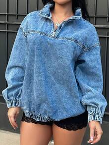 Vassilux 女士宽松休闲落肩半拉链牛仔夹克春秋 - 藍色 - 查看 4