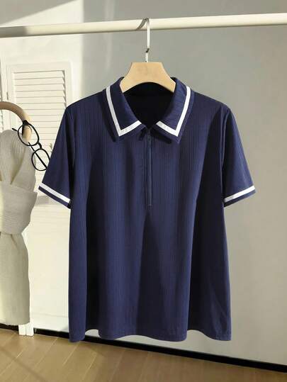 Zelara Plus Size Polo Collar Top, Navy Blue Knit T-Shirt, Stretchy Fabric, Turndown Collar Short Sleeve Tee, Sporty Casual Top, Half-Zip Contrast Collar & Cuff Design, Airport , Loose Casual Top